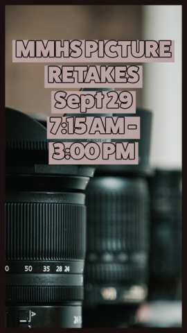Poster of camera lenses and notification that MMHS picture retakes are on September 29 from 7:15 a.m. to 3:00 p.m.