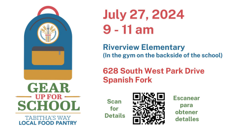 Gear up for School. Get a free backpack with school supplies on July 27, 2024, from 9AM to 11AM at Riverview Elementary.