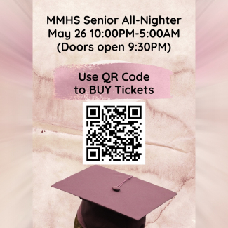 Maple Mountain High School Senior All-Night Party is on May 26, 2022 from 10:00 p.m. to 5:00 p.m. The doors open at 9:30 p.m. Use the QR code to purchase a ticket.