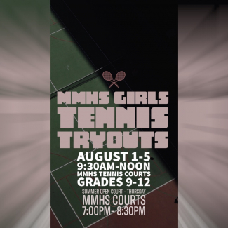 Maple Mountain Girls Tennis Tryouts will be held on August 1st through 5th from 9:30 a.m. to noon at the high school tennis courts. We also have open courts every Thursday from 7:00 p.m. to 8:30 p.m. at the high school courts.